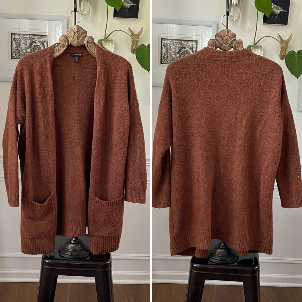 Eileen Fisher Copper Brown Longline Cardigan Pockets Organic Cotton Blend M
